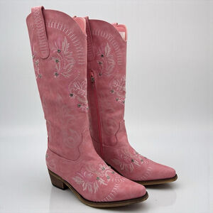 Wide Calf Pink Embroidered Rhinestone Cowboy Boots Knee High Snip Toe 8.5 NWB